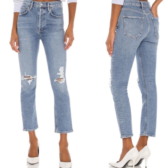 Agolde Riley High Rise Straight Crop Jean Distressed Knee SZ 30 - Picture 1 of 6